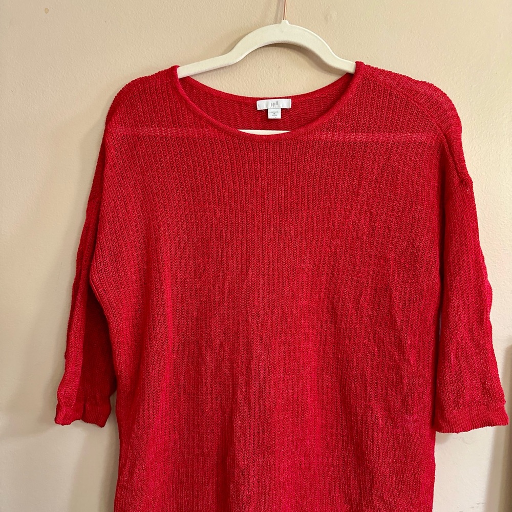 J Jill Women’s Sweater Size MP Red Crochet Open Knit 3/4 Dolman Sleeve